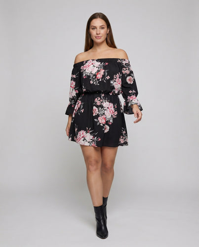 Damen nan schulterfreies Carmen-Minikleid mit elastischem Ausschnitt, ausgestellten Volantärmeln und tailliertem Kordelzug EB