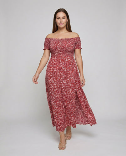 Damen nan schulterfreies Maxikleid mit Smok-Oberteil, kurzen Ärmeln und hohem Seitenschlitz EB