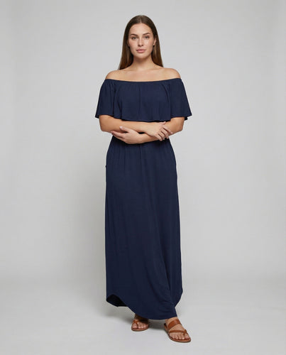 Damen nan schulterfreies Maxikleid mit Volantoberteil, elastischem Taillenbund, Eingrifftaschen und seitlichen Beinschlitzen EB