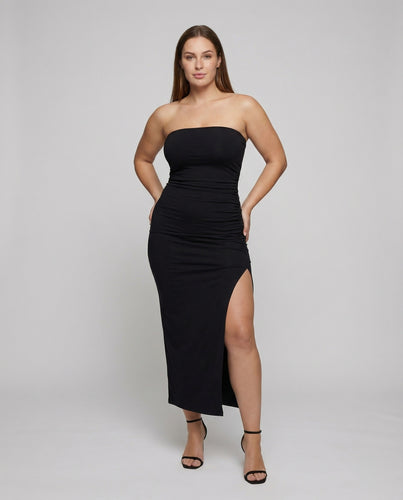 Damen nan schulterfreies Midaxi-Kleid mit taillierendem Korsagen-Effekt, seitlicher Beinschlitz und feiner Raffung EB