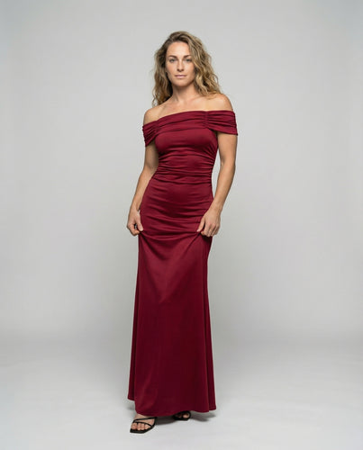 Damen nan schulterfreies Satin-Abendkleid mit taillierter Raffung und eleganter Meerjungfrauen-Silhouette EB