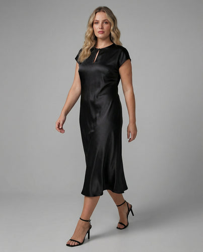 Damen nan seidig-fallendes Maxikleid mit kimonoähnlichen Kurzärmeln, Rundhalsausschnitt und Tropfenschlitz hinten EB