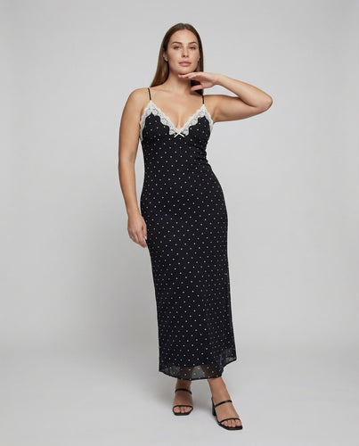 Damen nan seidig-fließendes Slipkleid mit Spitzenbesatz und Punkteprint EB