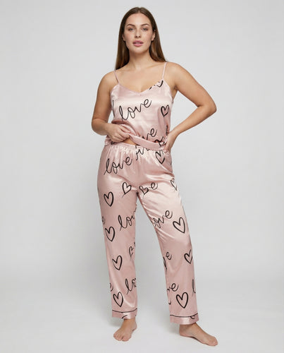 Damen nan seidig glänzendes Satin-Pyjama-Set mit Spaghettiträger-Top und elastischer Bundhose EB