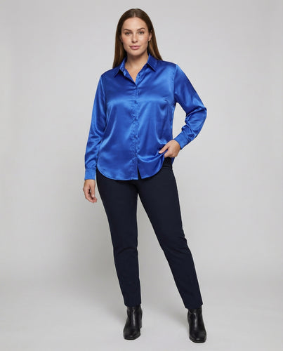 Damen nan seidig-polierte Hemdbluse mit kastigem Schnitt, weitem Fall und abgerundetem Saum EB