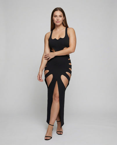 Damen nan skulptierendes, figurbetontes Maxikleid mit seitlichen Aussparungen und vorderem Beinschlitz EB