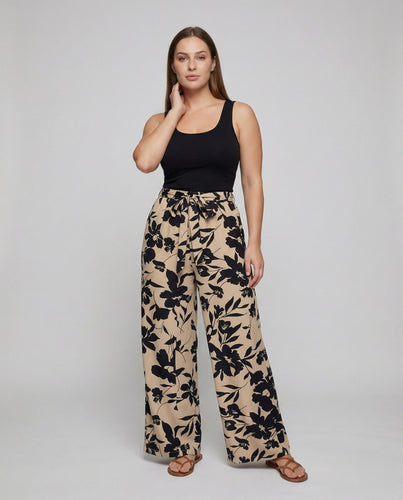Damen nan sommerliche Culotte-Hose im Palazzo-Stil mit hohem Bund, Tunnelzug und großblumigem Muster EB