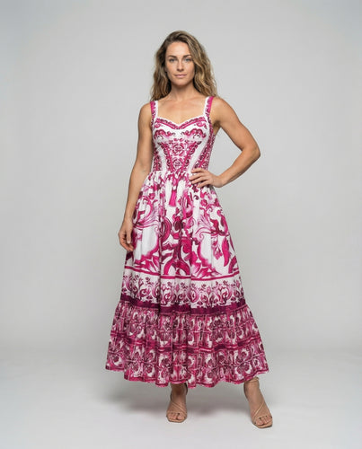 Damen nan sommerliches Maxikleid mit tailliertem Mieder, voluminösem Stufenrock und ornamentalem Print EB