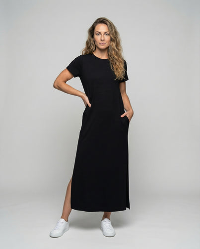 Damen nan sportlich-elegantes Longshirtkleid mit Rundhalsausschnitt, kurzem Ärmel und hohem Seitenschlitz EB