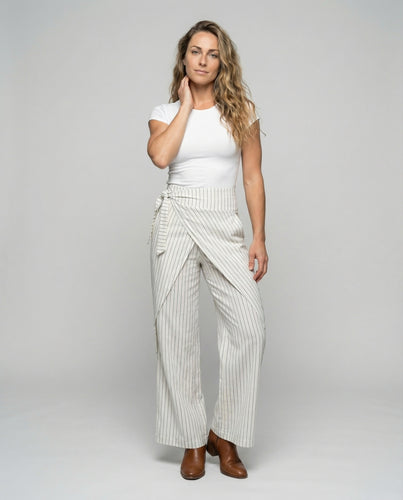Damen nan taillenhohe Swing-Weitehose mit Nadelstreifen, Knotenbindegürtel und Einschubtaschen EB