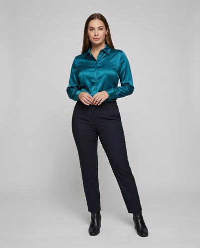 Damen nan taillierte Business-Hemdbluse aus seidenähnlicher Mikrofaser mit Hemdkragen und toniger Knopfleiste EB