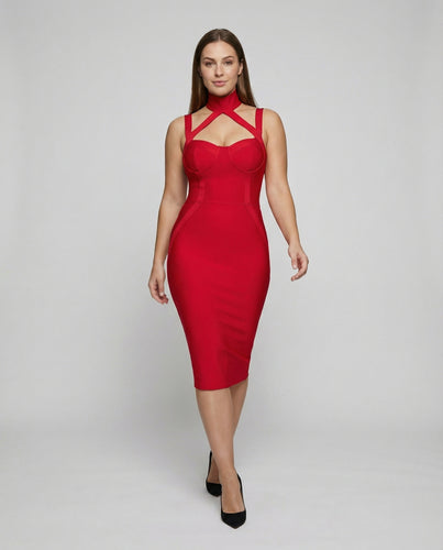 Damen nan tailliertes Bandage-Midikleid mit Korsagen-Cups Herzausschnitt und Choker-Trägern EB
