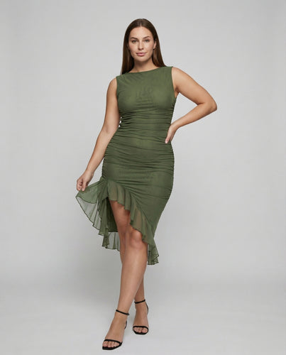 Damen nan tailliertes Chiffon-Drapé-Midikleid mit feiner Raffung, asymmetrischem Volant und seitlichem Beinschlitz EB