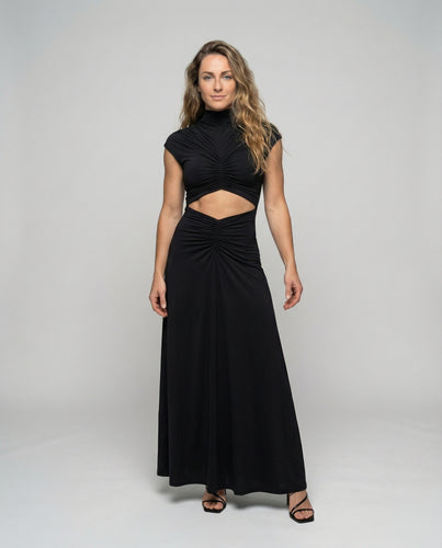 Damen nan tailliertes Cut-Out-Abendkleid mit Stehkragen und gerafftem Mesh-Oberteil EB