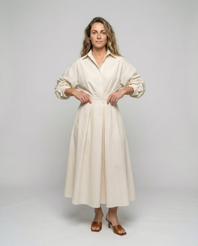 Damen nan tailliertes Hemdblusenkleid mit Twist‑Taillenband, Dreiviertelärmeln und Eingrifftaschen EB