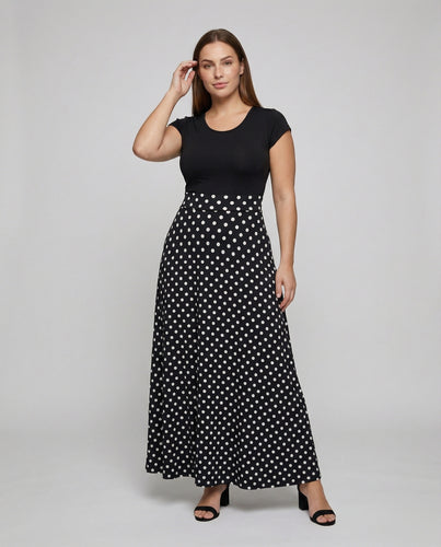 Damen nan tailliertes Maxikleid mit figurbetontem Oberteil, kurzen Ärmeln und weitem gepunktetem Rock EB