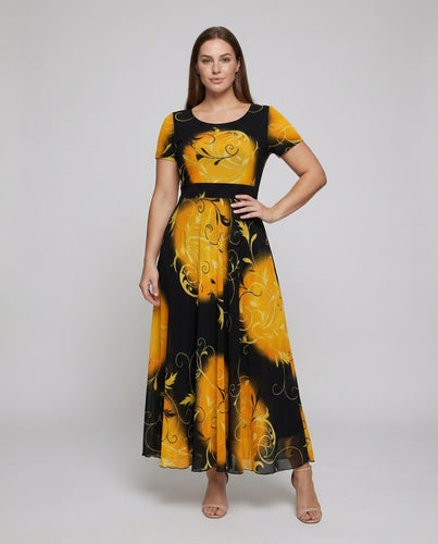 Damen nan tailliertes Maxikleid mit Rundhalsausschnitt, kurzem Ärmel und ausgestelltem Chiffon‑Rock EB
