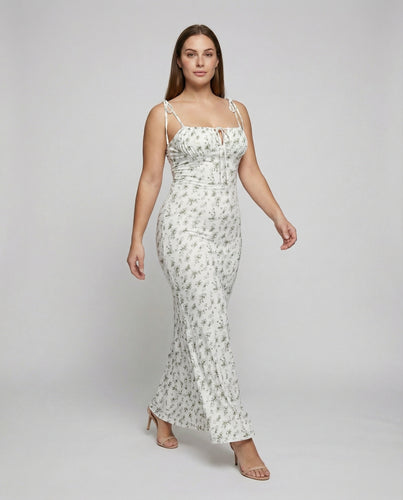 Damen nan tailliertes Maxikleid mit schmalen Spaghettiträgern, geraffter Brustpartie und vintage-inspiriertem Blumenprint EB