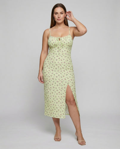 Damen nan tailliertes Midikleid im Retro‑Floralstil mit Knoten‑Bustier, feinen Spaghettiträgern und hohem Seitenschlitz EB