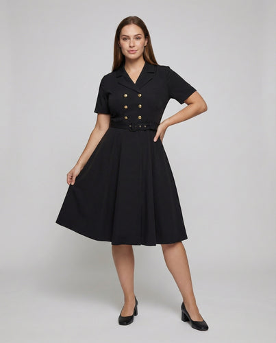 Damen nan tailliertes Midikleid im Retro-Stil mit doppelreihiger Knopfleiste, Reverskragen, Taillengürtel mit ovaler Schnalle und ausgestelltem Tellerrock EB