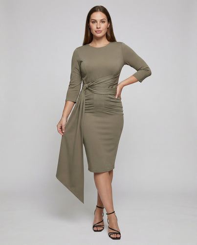 Damen nan tailliertes Midikleid mit drapierter Seitenschleife und Dreiviertelärmeln EB