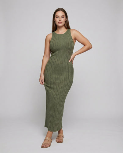 Damen nan tailliertes Rippenstrick-Midikleid mit quadratischem Ausschnitt und kurzen Ärmeln EB