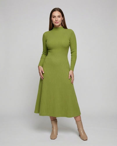 Damen nan tailliertes Rippstrick-Midikleid mit figurformendem Oberteil und plissiertem Rockteil EB