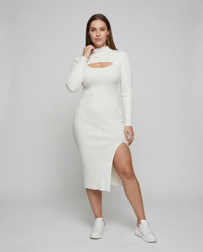 Damen nan tailliertes Rippstrick-Midikleid mit Rollkragen, Brustausschnitt und hohem Seitenschlitz EB