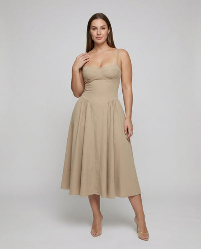 Damen nan tailliertes Spaghettiträger-Midikleid mit Korsagen-Oberteil, herzförmigem Ausschnitt und praktischen Eingrifftaschen EB