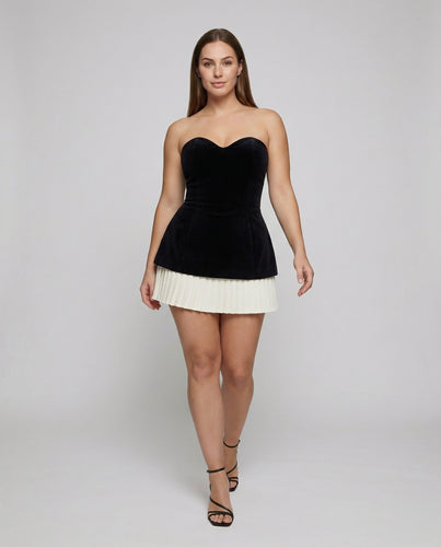 Damen nan trägerloses Samt-Cocktailkleid mit taillierter Korsagen-Optik und plissiertem Saum EB