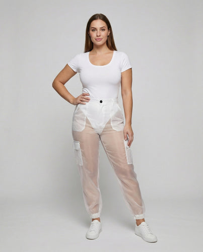 Damen nan transparente Cargohose aus Netzstoff mit elastischem Bund, Pattentaschen und gerafften Knöchelabschlüssen EB