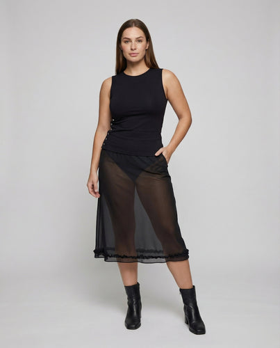 Damen nan transparenter Chiffon-Midirock mit elastischem Bund, ausgestellter A-Linie und Rüschensaum EB