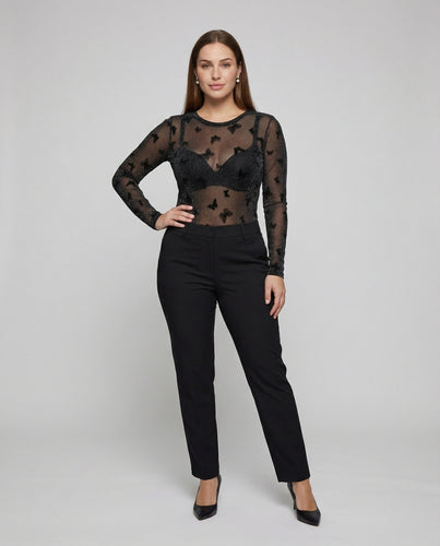 Damen nan transparentes Glitzer-Meshshirt mit Samtflock-Schmetterlingen und figurbetontem Schnitt EB