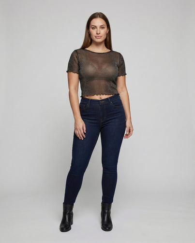 Damen nan transparentes Mesh-Cropped-Top mit Glitzergarn, Rundhalsausschnitt und welligem Saum EB