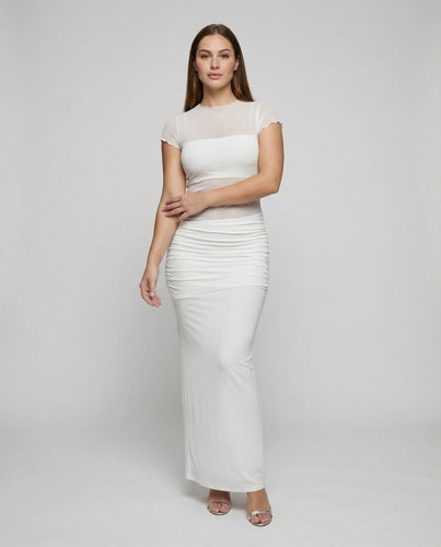 Damen nan transparentes Mesh-Maxikleid mit gerafftem Minirock und integriertem Bandeau-Einsatz EB
