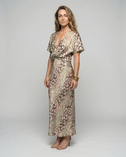 Damen nan Twist-Wickel-Maxikleid mit tiefem V-Ausschnitt, Knotenbund und Kimonoärmeln EB