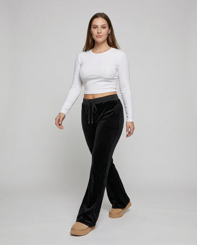 Damen nan Velours-Loungehose mit hohem Komfortbund, Kordelzug und extra weitem Bein EB