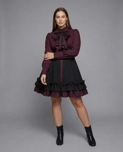 Damen nan viktorianisches Lolita-Kleid mit Rüschen-Jabot und tailliertem Mieder sowie mehrlagigem Tellerrock EB