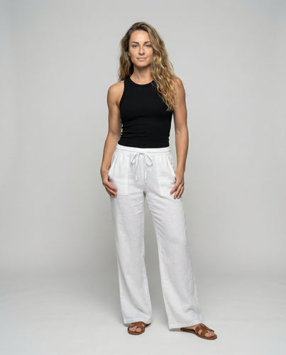 Damen nan weite Leinen-Loungehose mit Kordelbund, seitlichen aufgesetzten Taschen und fließendem Bein EB