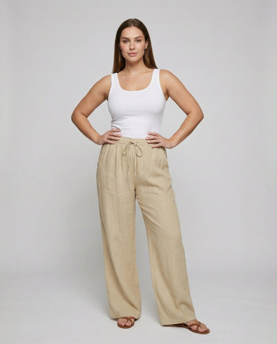 Damen nan weite Leinenhose mit elastischem Bund, Kordelzug und Seitentaschen EB