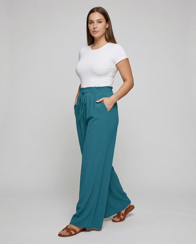 Damen nan weite Palazzohose mit Paperbag-Bund, Tunnelzug und Eingrifftaschen EB