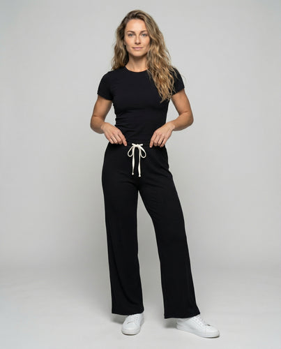Damen nan weite Ripp-Loungehose mit elastischem Bund und Kordelzug EB