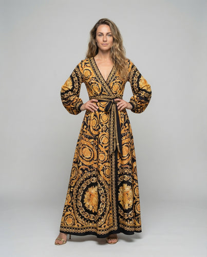 Damen nan Wickel-Maxikleid mit Barockprint, tiefem V-Ausschnitt, hohem Beinschlitz und voluminösen Ballonärmeln EB