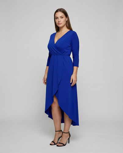 Damen nan Wickel-Maxikleid mit tiefem V-Ausschnitt, dreiviertelärmeln, tailliertem Bindegürtel und asymmetrischem Tulpen-Saum EB