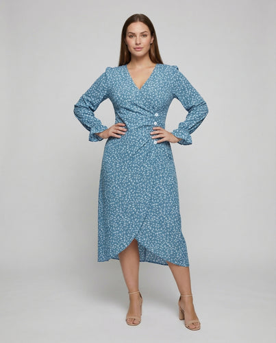 Damen nan Wickel-Midikleid mit V-Ausschnitt, geraffter Taillenpartie, seitlicher Zierknopfleiste und Volantärmeln EB