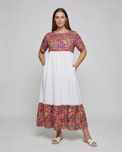 Damen nan zweiteiliges A-Linien-Maxikleid mit gemusterter Passe, Kurzarm und Volant-Saum EB