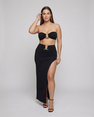 Damen nan zweiteiliges Abendset mit Bandeau-Oberteil und hochgeschnittenem Maxirock mit hohem Beinschlitz und goldenen Zierelementen EB