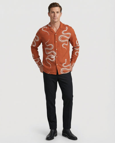 Herren nan bedrucktes Langarm-Overshirt mit Cuba-Kragen und markantem Skelett-Schlangenprint EB