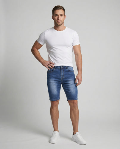 Herren nan elastische Jeans-Bermuda mit schmaler Oberschenkelpassform, Komfortbund und klassischem Taschenaufbau EB