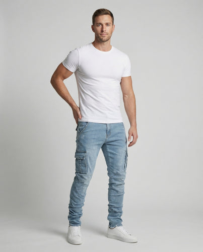 Herren nan konisch zulaufende Cargo-Jeans mit aufgesetzten Klappentaschen, verwaschener Optik und Elastananteil EB